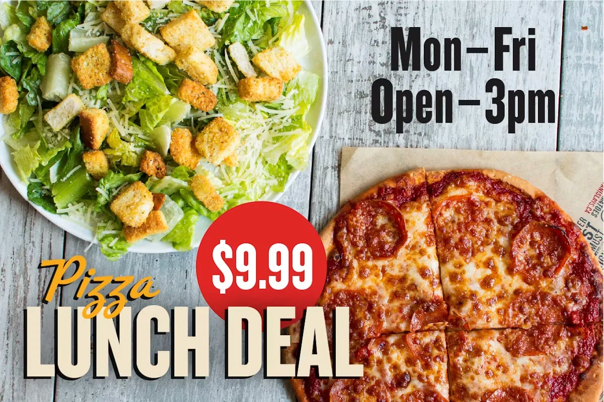 Pizza lunch deal, $9.99, Monday to Friday from open until 3pm