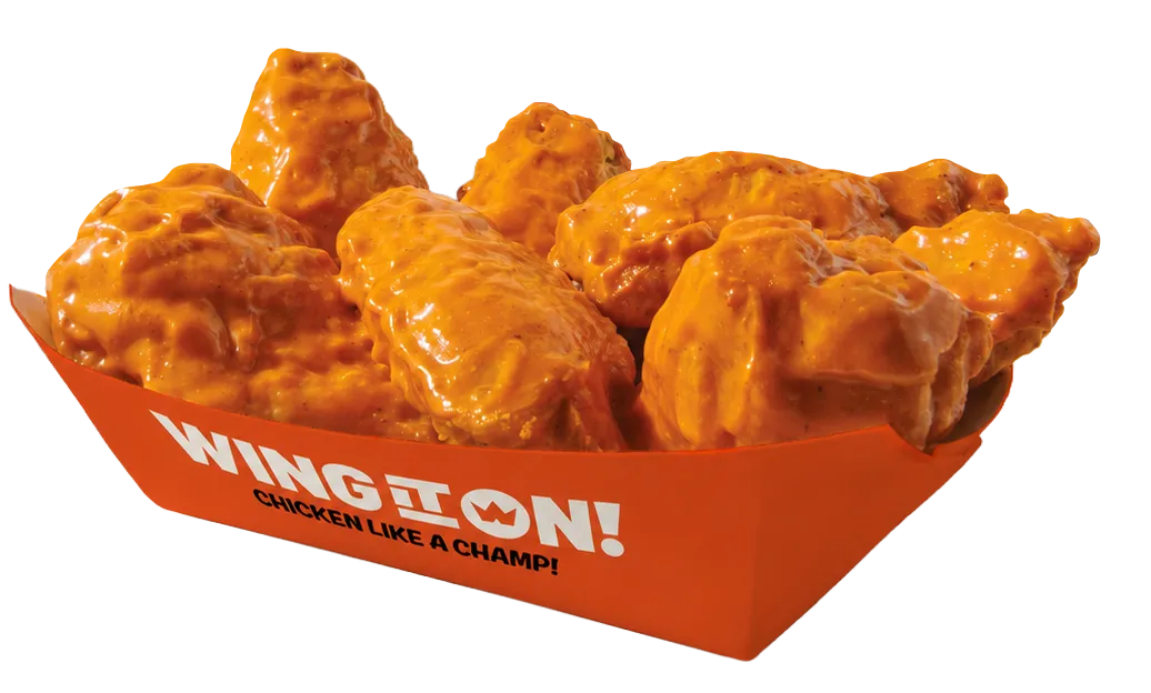 A tray of Wing It On! buffalo wings